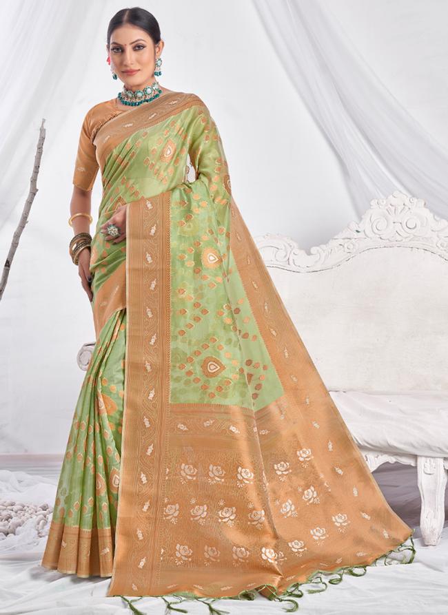 Pista Green Organza Party Wear Weaving Saree