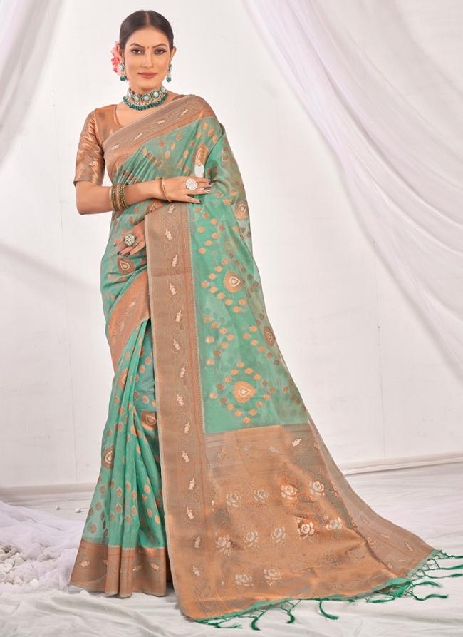 Teal Organza Party Wear Weaving Saree