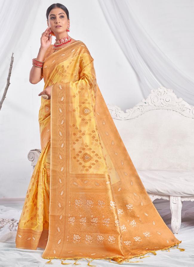 Yellow Organza Party Wear Weaving Saree