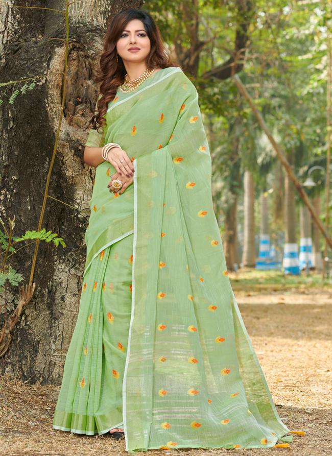 Pista Green Linen Festival Wear Weaving Saree