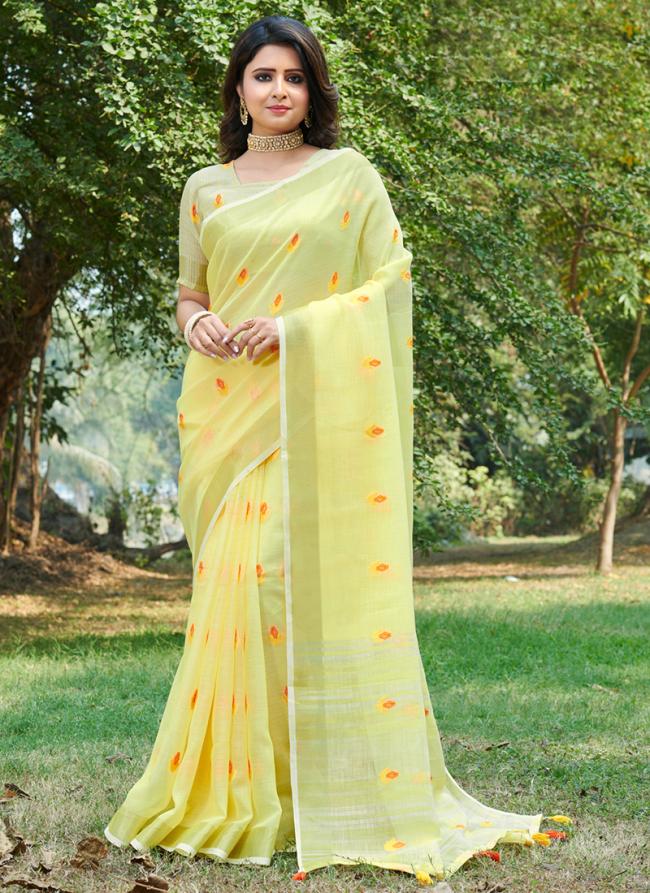 Yellow Linen Festival Wear Weaving Saree