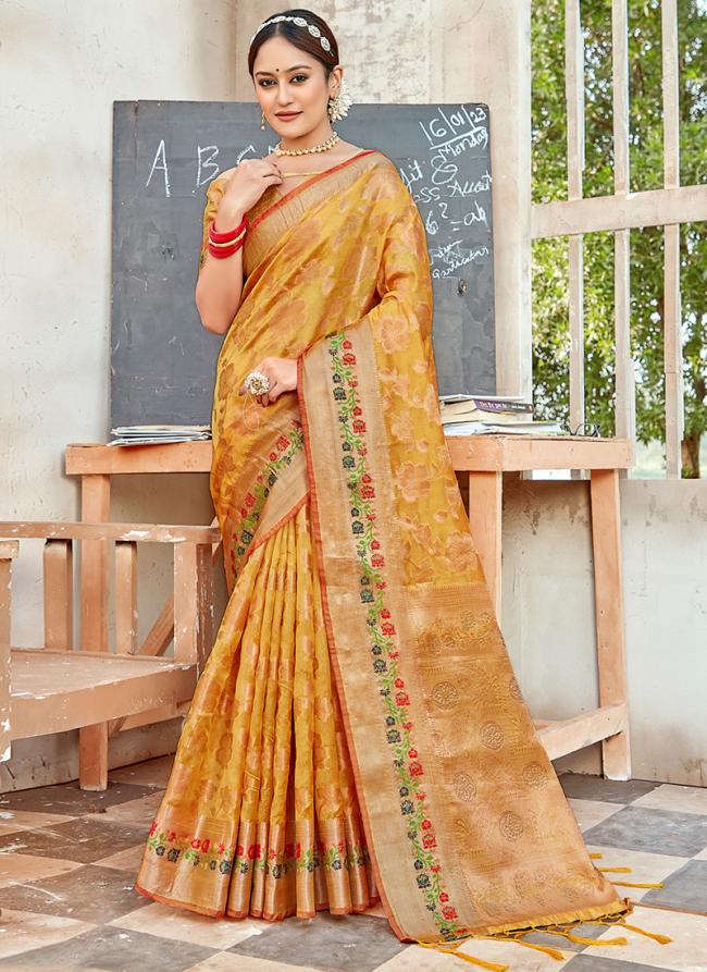 Mustard Organza Traditional Wear Weaving Saree