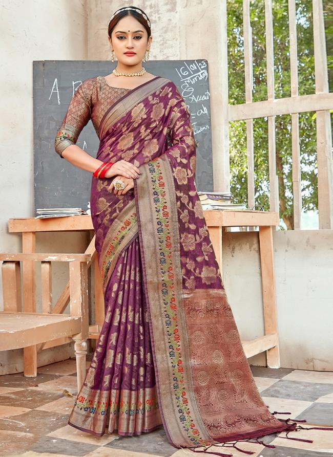 Wine Organza Traditional Wear Weaving Saree