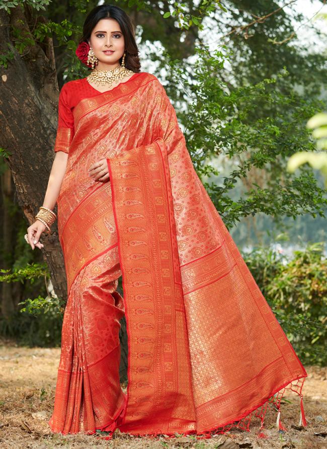 Hot Red Banarasi Silk Party Wear Weaving Saree