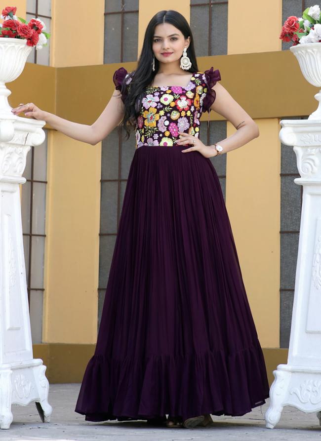 Wine Georgette Party Wear Embroidery Work Gown