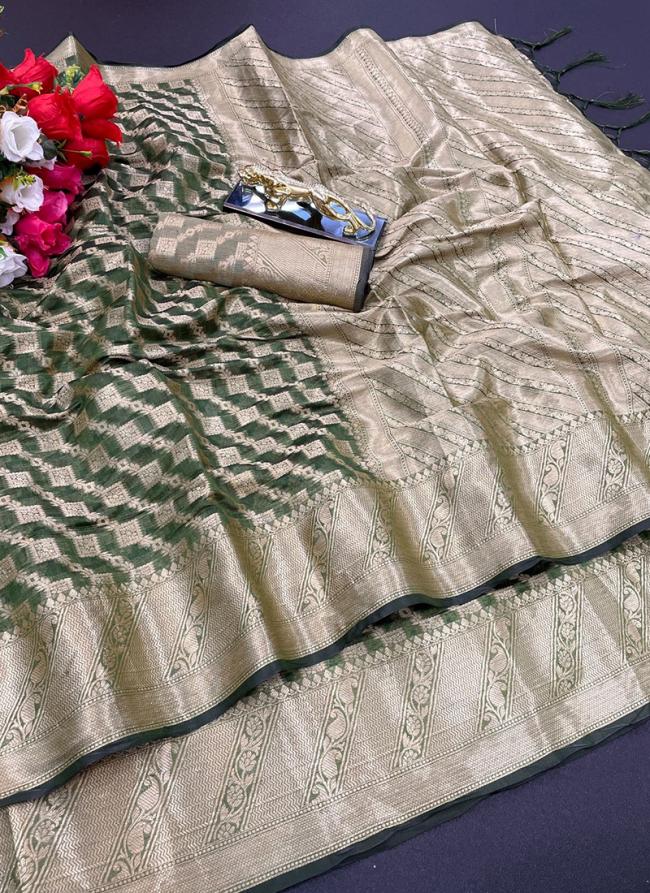 Green Pure Organza Casual Wear Weaving Saree