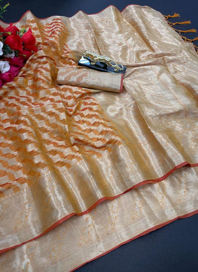 Orange Pure Organza Casual Wear Weaving Saree