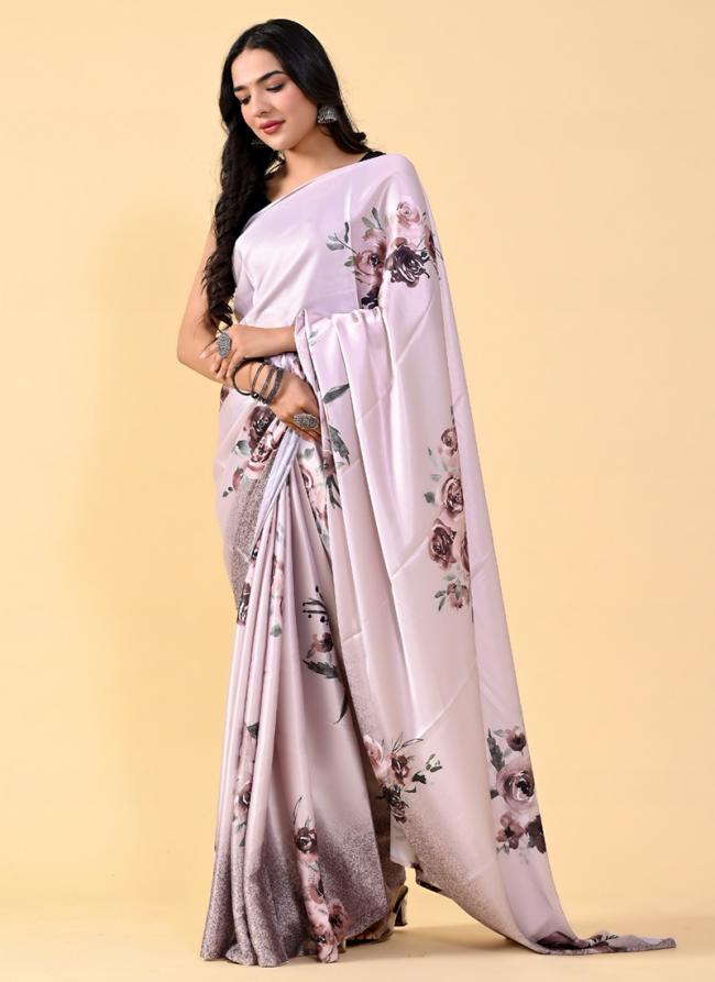 Light Pink Satin Silk Party Wear Printed Saree