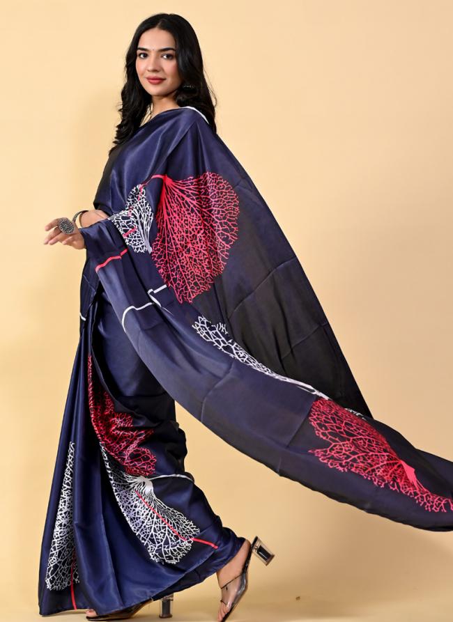 Navy Blue Satin Silk Party Wear Printed Saree