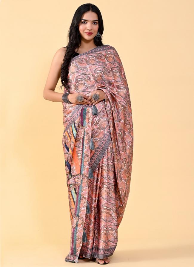 Pink Satin Silk Party Wear Printed Saree