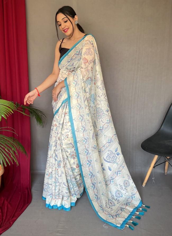 Sky Blue Malai Cotton Casual Wear Printed Saree