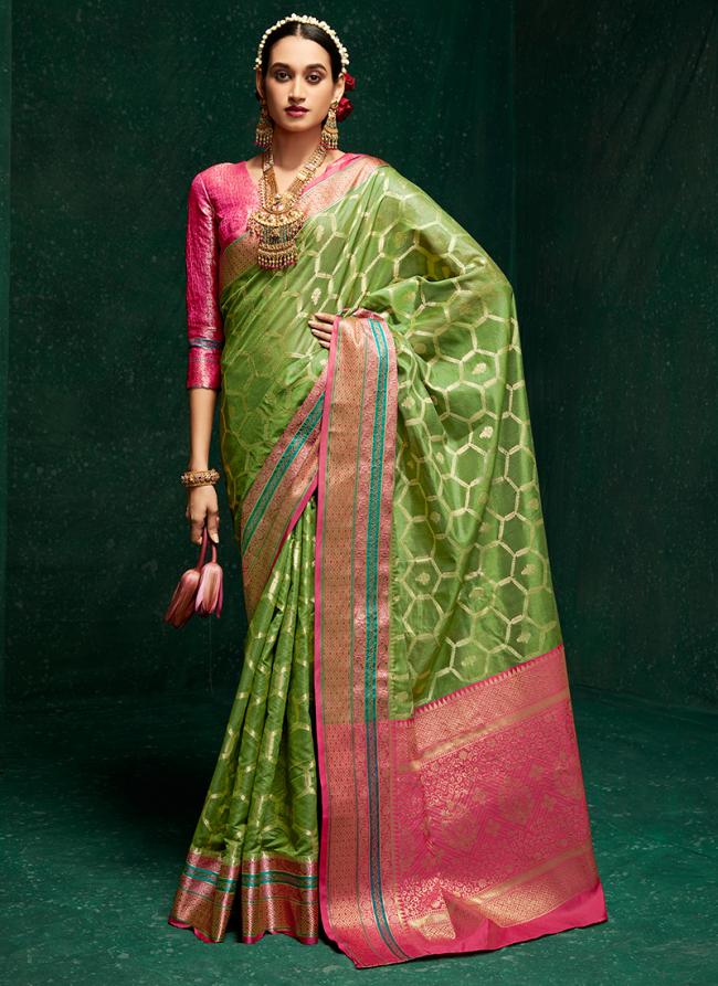 Green Cotton Silk Party Wear Weaving Saree