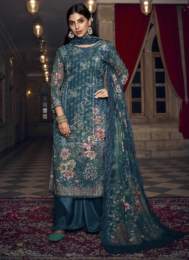 Blue Silk Traditional Wear Embroidery Work Palazzo Suit