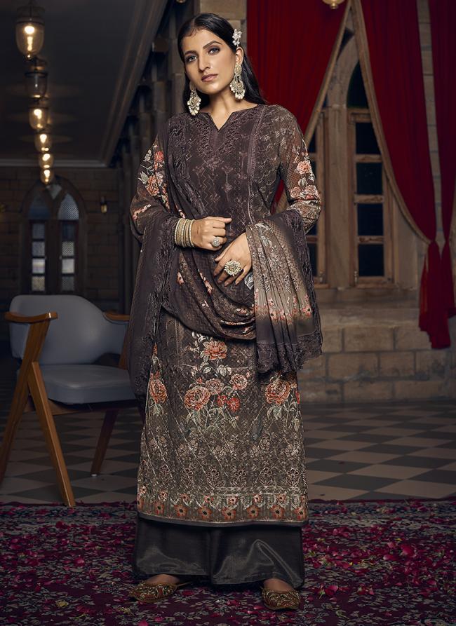 Brown Georgette Traditional Wear Embroidery Work Palazzo Suit