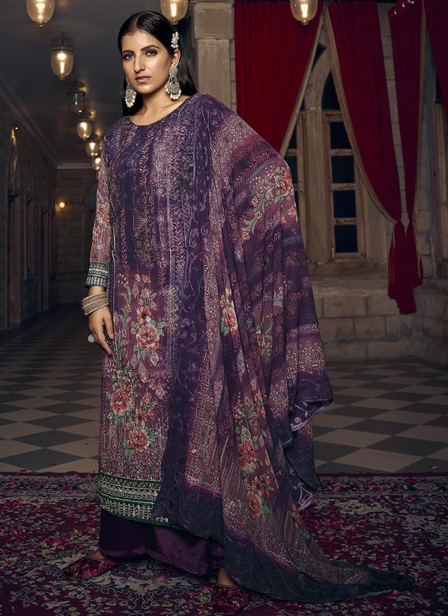 Purple Georgette Traditional Wear Embroidery Work Palazzo Suit