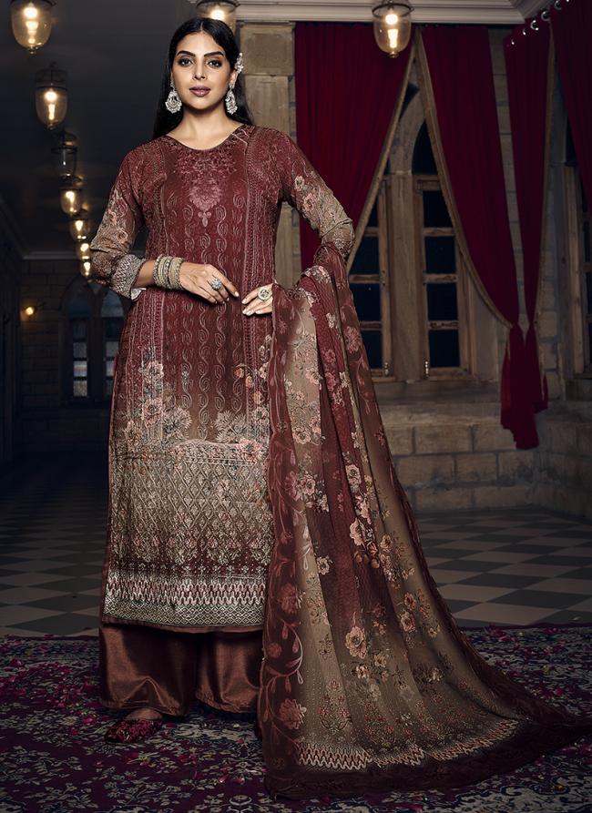 Rust Georgette Traditional Wear Embroidery Work Palazzo Suit