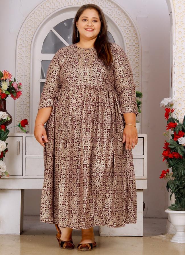 Purple Rayon Casual Wear Printed Plus Size Gown