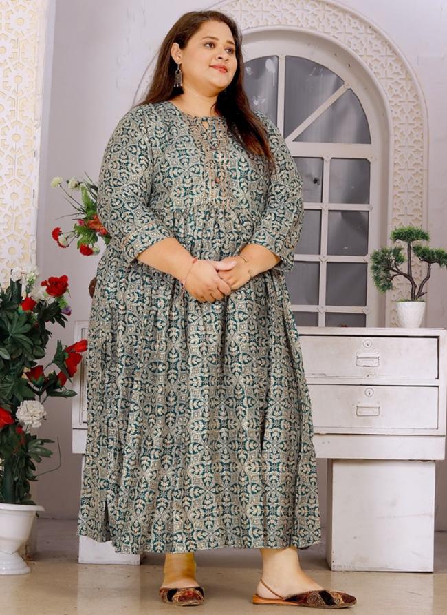 Sky Blue Rayon Casual Wear Printed Plus Size Gown