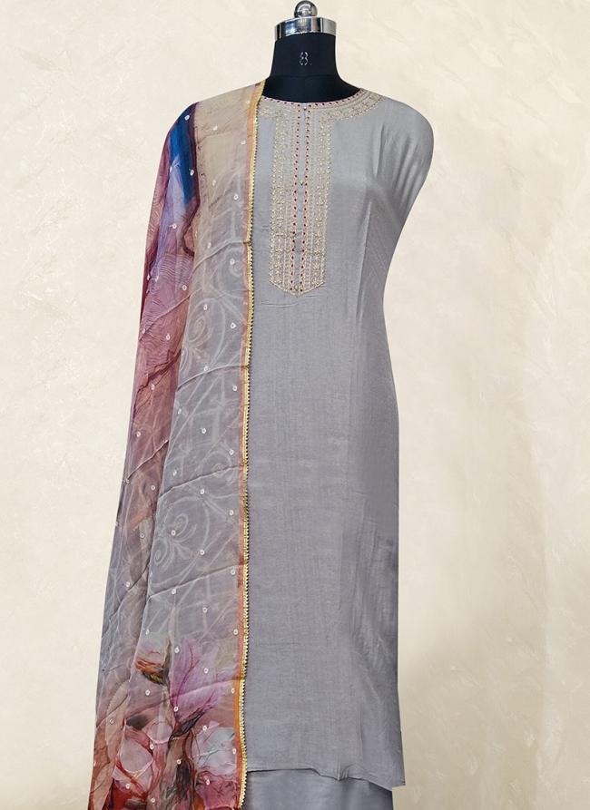 Grey Dola Silk Traditional Wear Embroidery Work Punjabi Dress Material