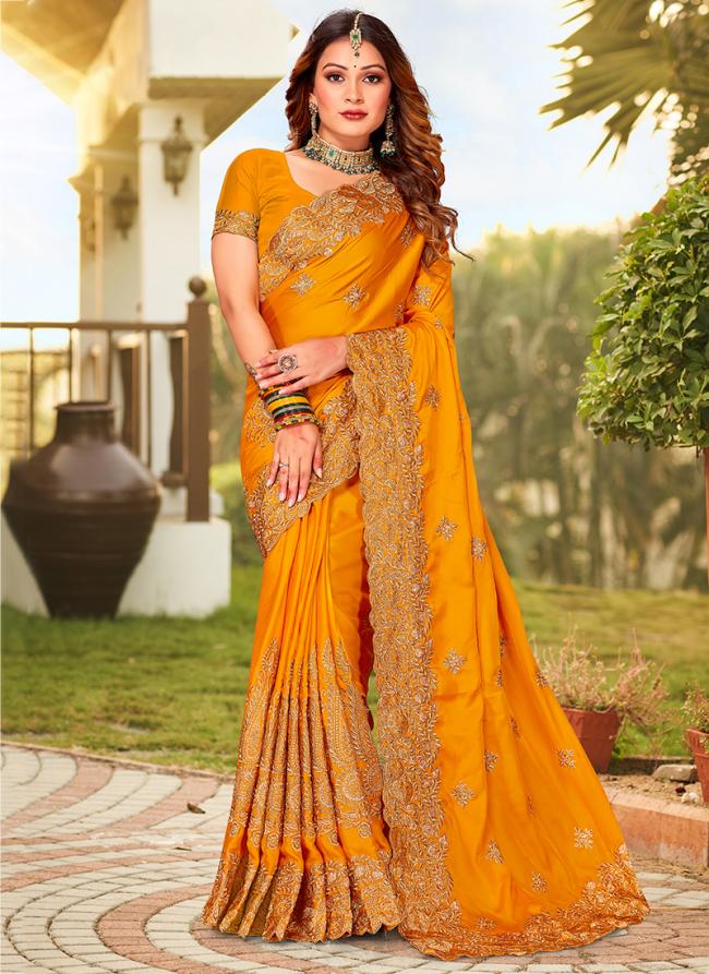 Mustard Pure Satin Festival Wear Embroidery Work Saree