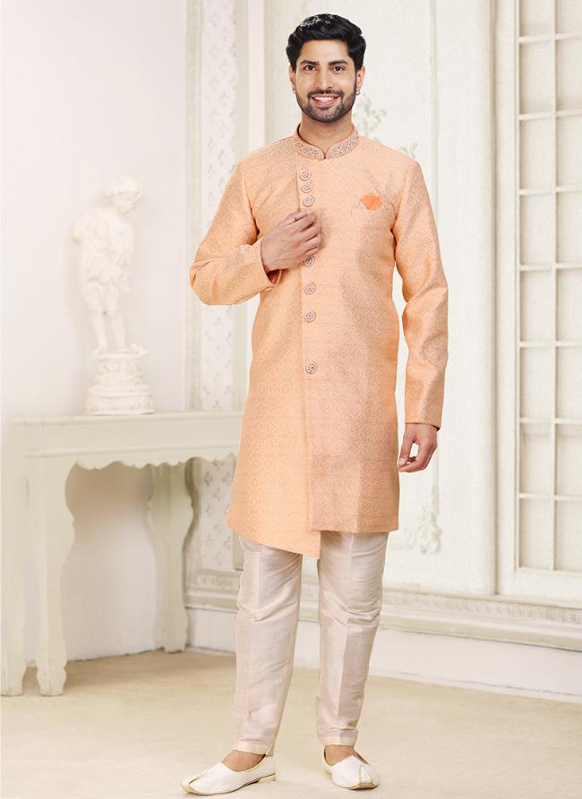 Peach Banarasi Jacquard Wedding Wear Weaving Indo Western Sherwani
