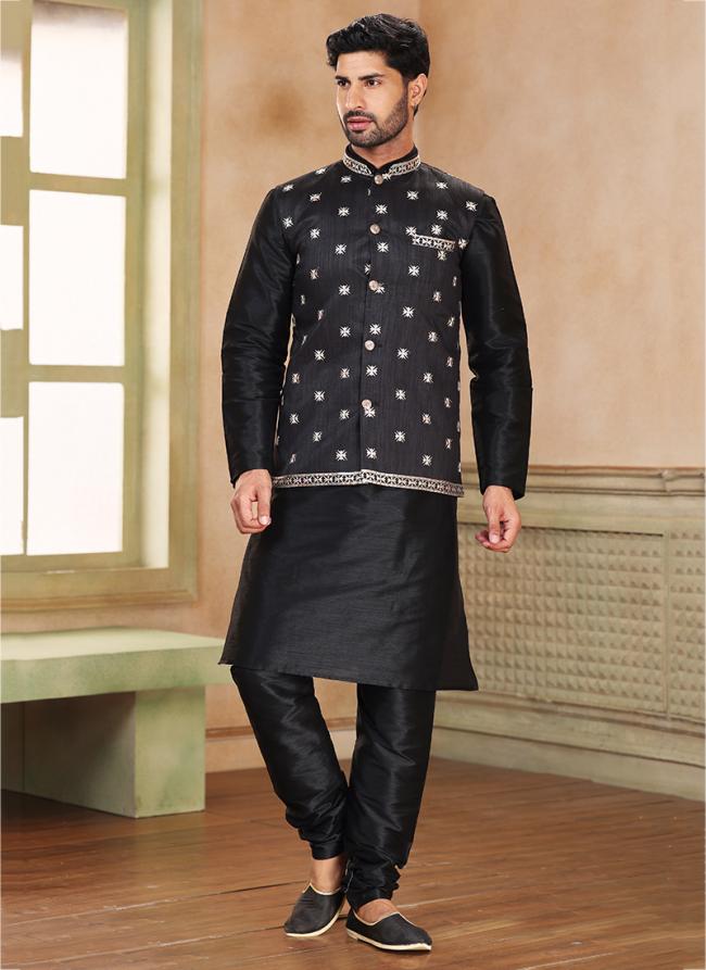 Black Banarasi Silk Traditional Wear Weaving Kurta Pajama With Jacket