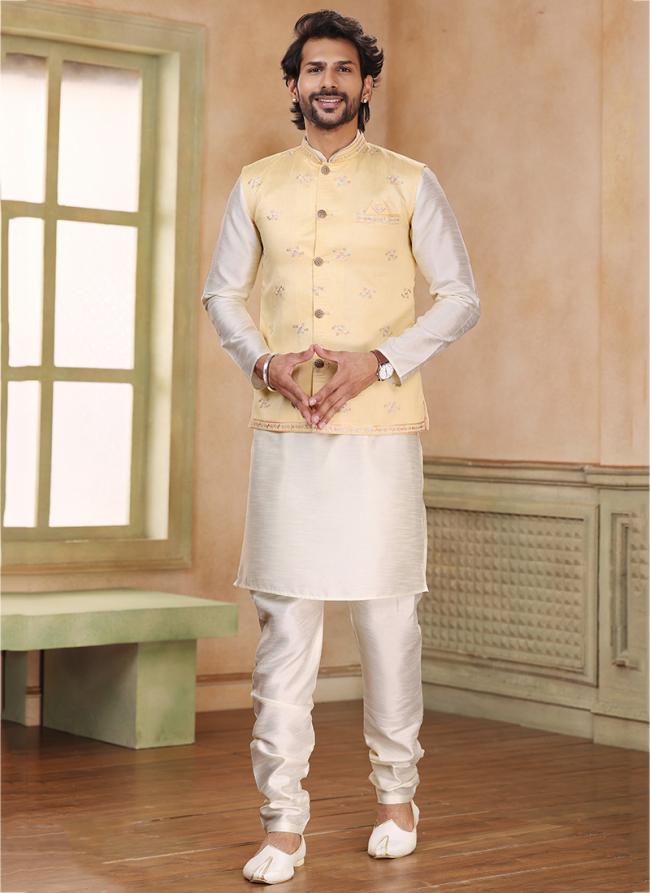 Cream Banarasi Silk Traditional Wear Weaving Kurta Pajama With Jacket