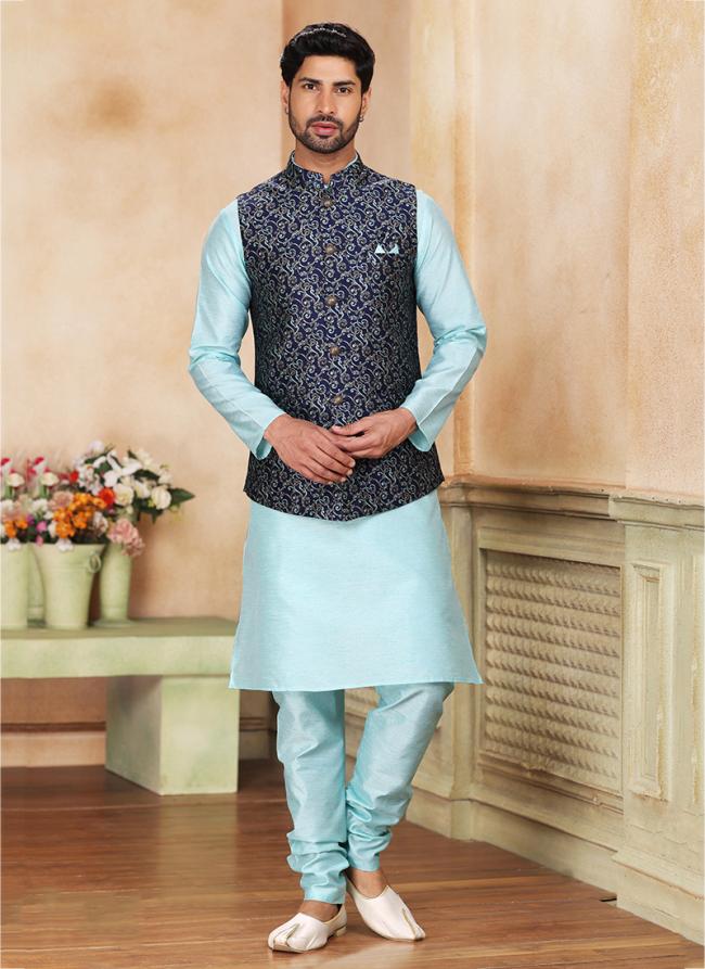 Blue Banarasi Silk Traditional Wear Weaving Kurta Pajama With Jacket