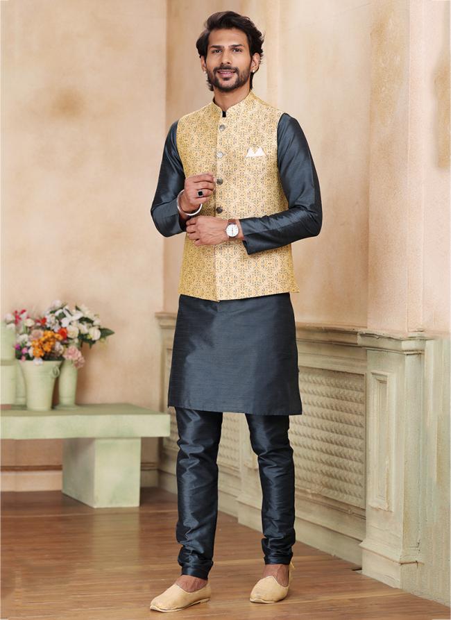 Grey Banarasi Silk Traditional Wear Weaving Kurta Pajama With Jacket