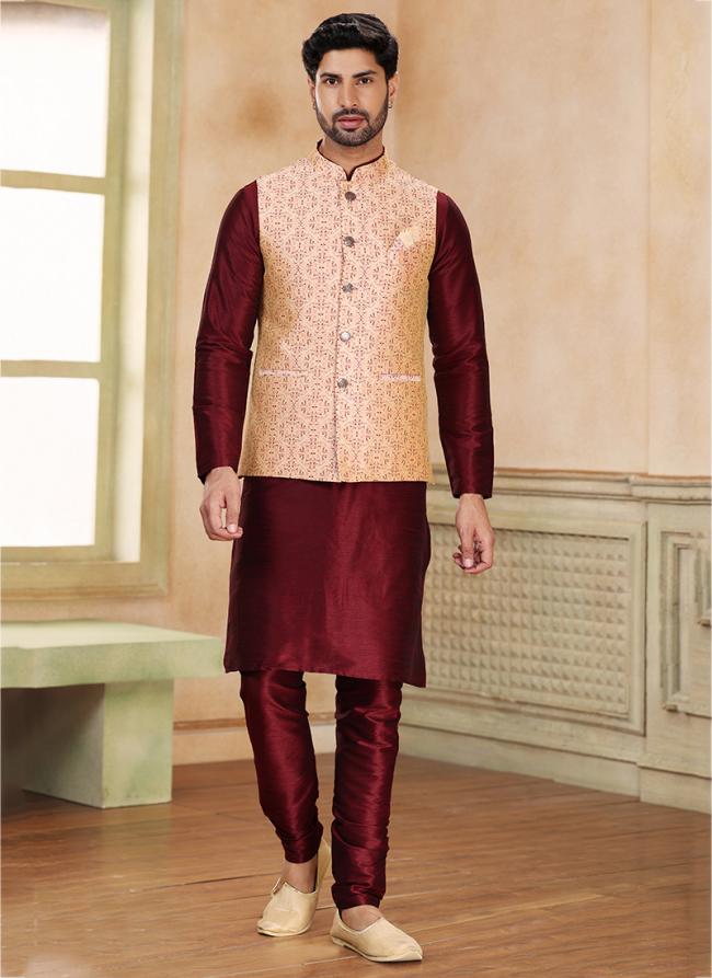 Maroon Banarasi Silk Traditional Wear Weaving Kurta Pajama With Jacket