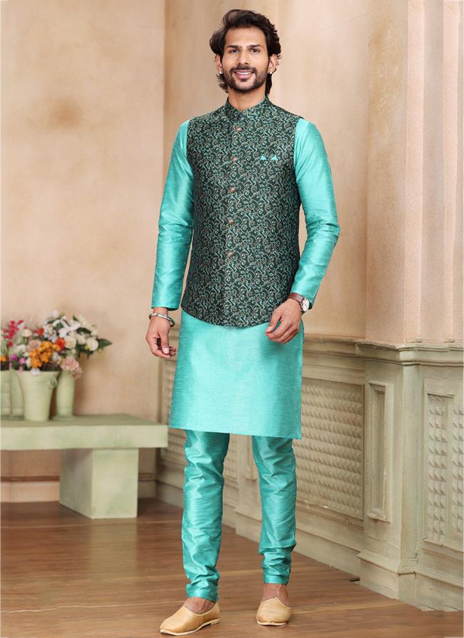 Sky Blue Banarasi Silk Traditional Wear Weaving Kurta Pajama With Jacket