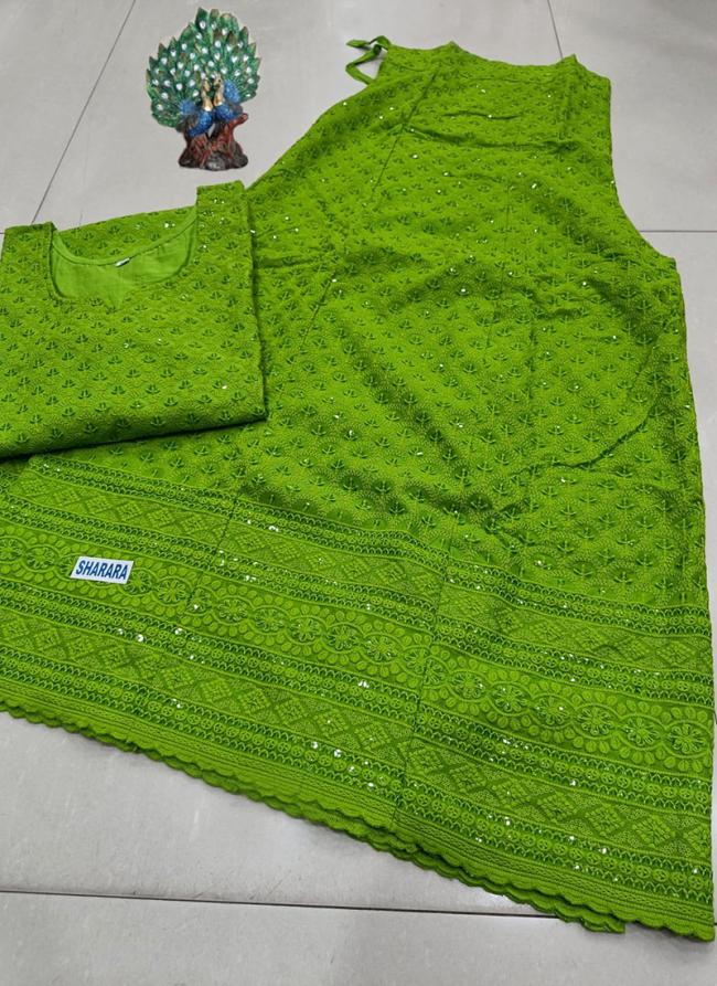 Olive Green Cambric Cotton Festival Wear Chikankari Kurti With Sharara