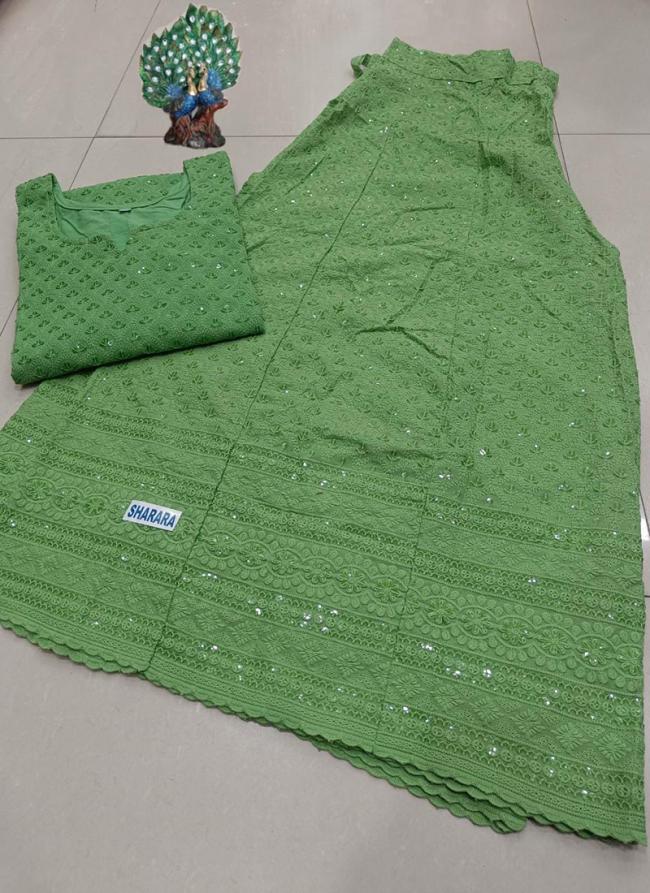 Pista Green Cambric Cotton Festival Wear Chikankari Kurti With Sharara