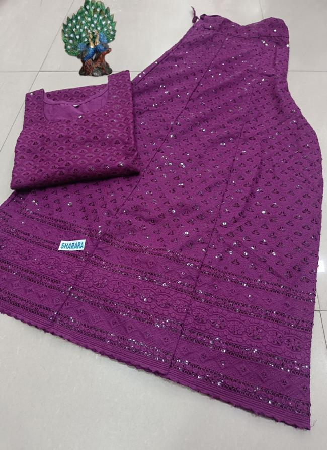 Purple Cambric Cotton Festival Wear Chikankari Kurti With Sharara