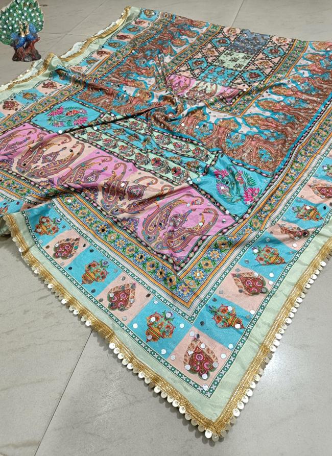 Sky Blue Pure Chinnon Wedding Wear Mirror Work Phulkari Dupatta