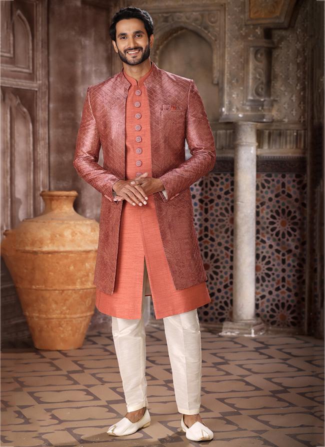 Orange Art Silk Wedding Wear Thread Work Mens Indo Western