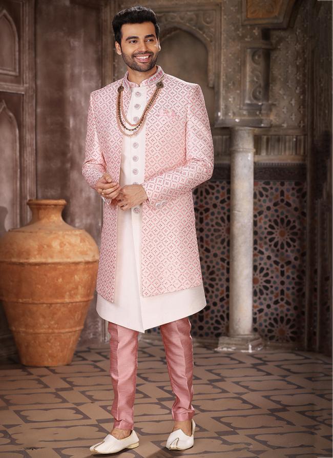Pink Art Silk Wedding Wear Thread Work Mens Indo Western