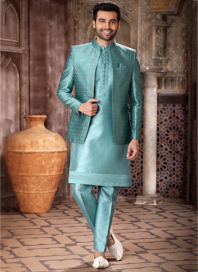 Sky Blue Art Silk Wedding Wear Thread Work Mens Indo Western