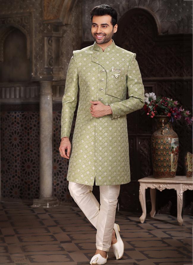 Green Banarasi Jacquard Reception Wear Weaving Mens Indo Western
