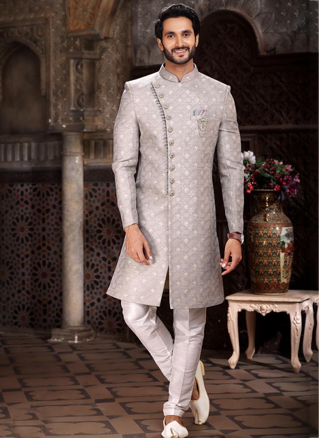 Grey Banarasi Jacquard Reception Wear Weaving Mens Indo Western