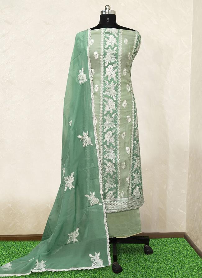 Green Pure Organza Party Wear Embroidery Work Punjabi Dress Material