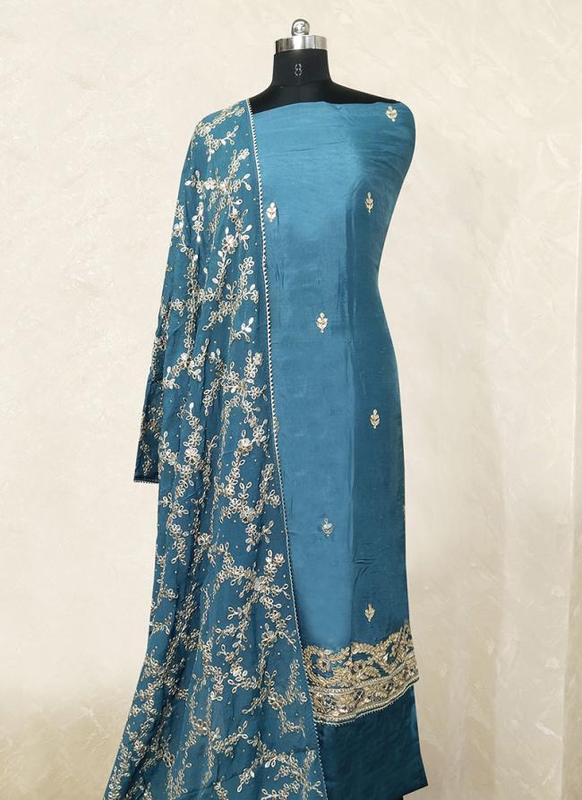 Blue Pure Upada Silk Wedding Wear Hand Work Punjabi Dress Material