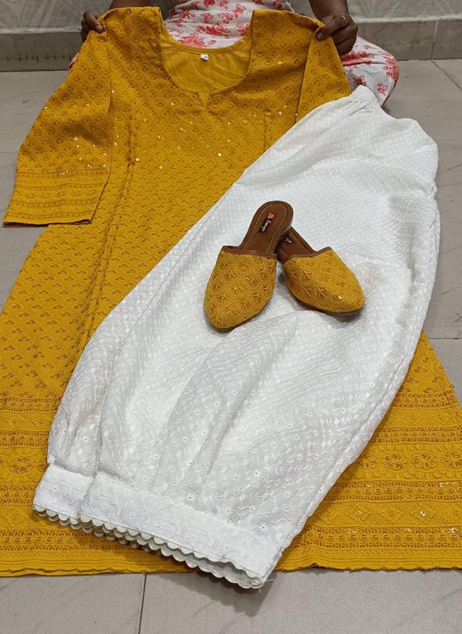 Mustard Pure Cotton Traditional Wear Sequins Work Kurti With Pant