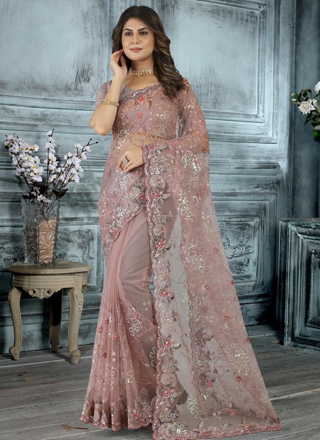 Dusty Lavender Net Wedding Wear Cording Work Saree