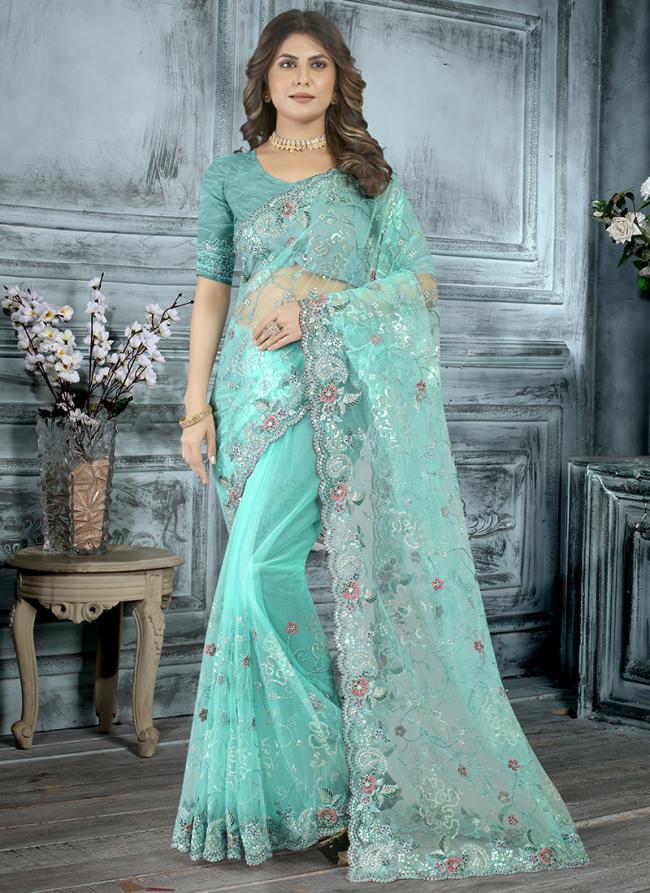 Dusty Sky Net Wedding Wear Cording Work Saree