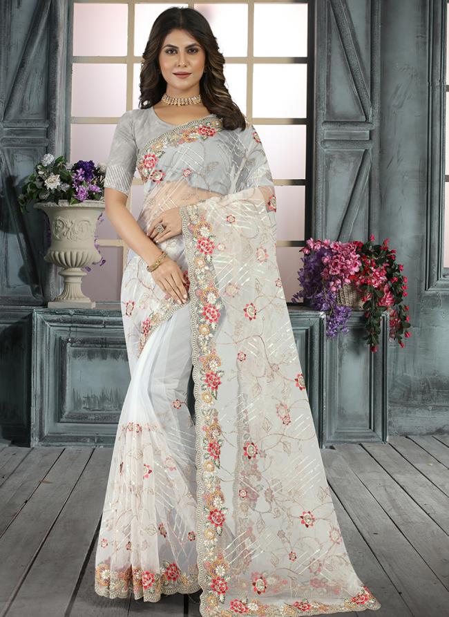 White Net Wedding Wear Cording Work Saree