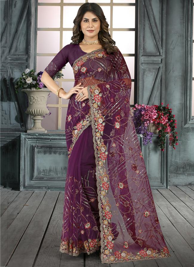 Wine Net Wedding Wear Cording Work Saree