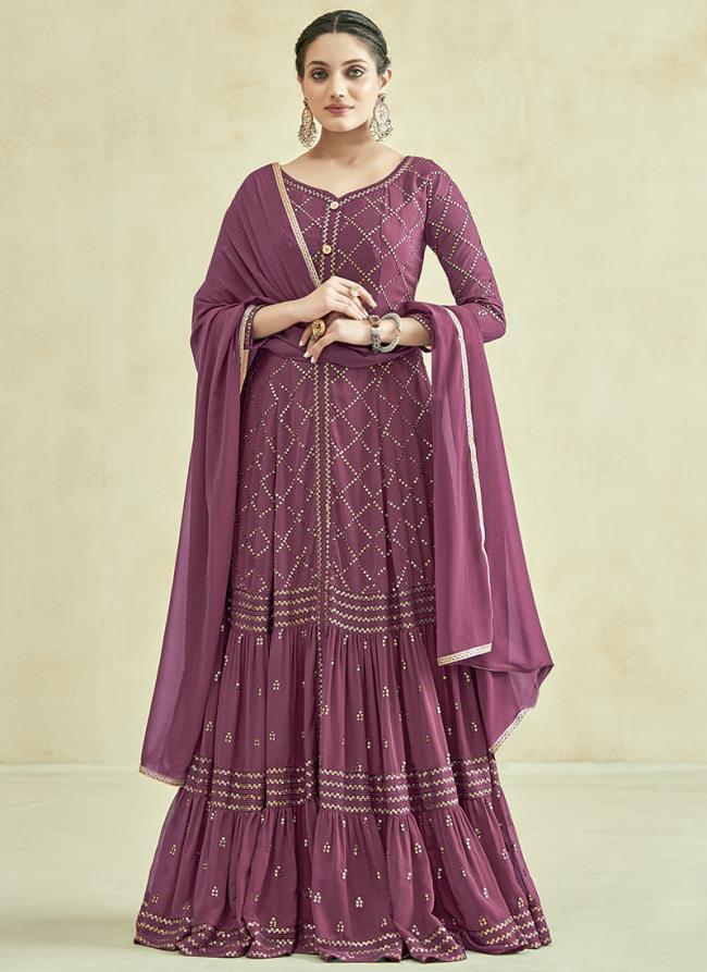 Purple Georgette Wedding Wear Embroidery Work Lahenga Suit