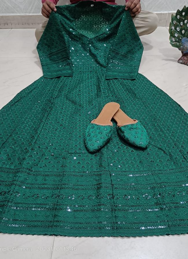 Bottle Green Cambric Cotton Tradional Wear Sequins Work Gown