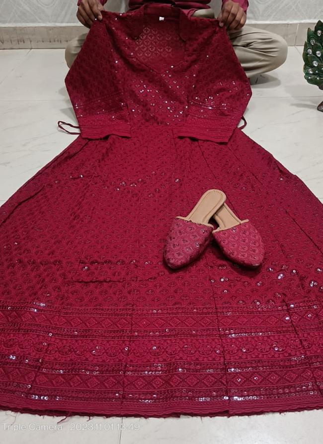 Maroon Cambric Cotton Tradional Wear Sequins Work Gown
